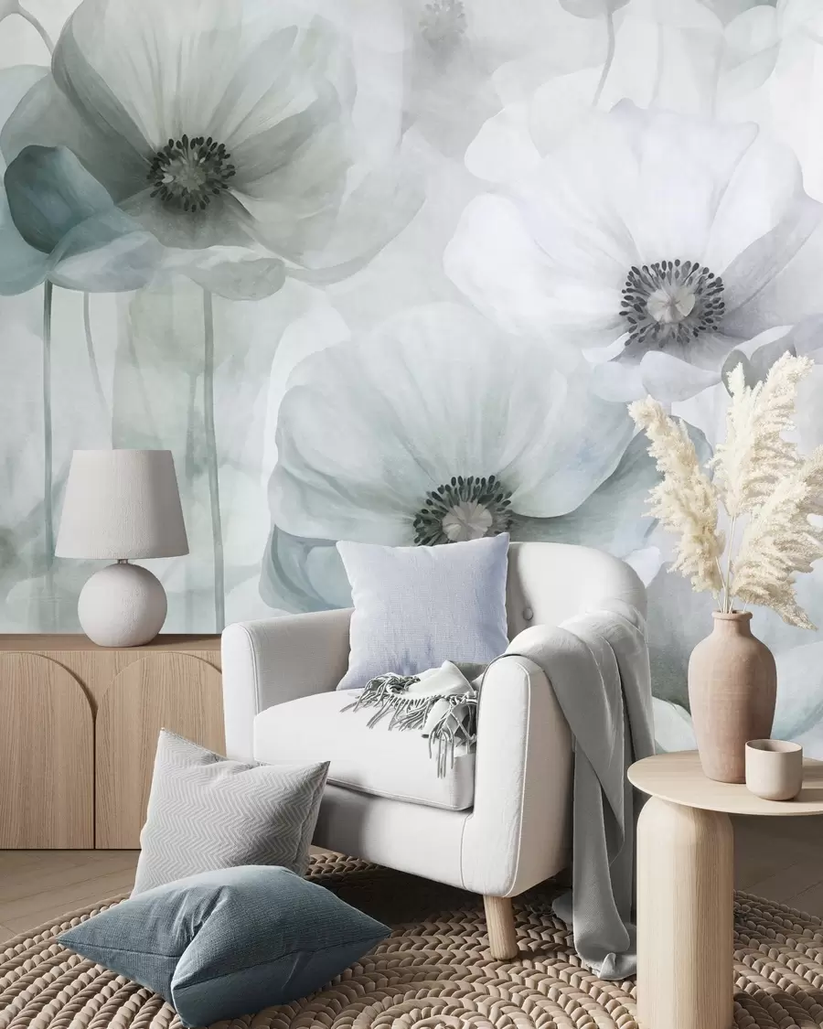 Fototapete Dezent strukturierte Mohnblumen mit dunklen Blütenmitten, zarten, durchscheinenden Blütenblättern und einem sanften Hintergrund w10029v2