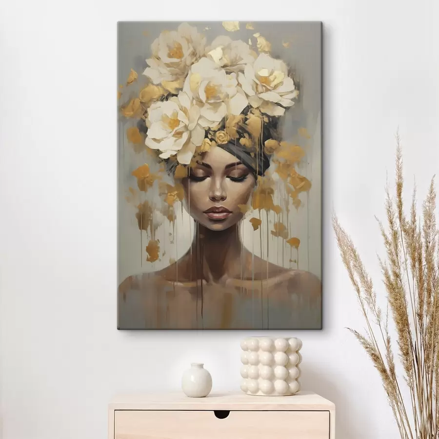 Fototapete Abstrakte Frau mit Blumen, Nachbildung eines Gemäldes s50382