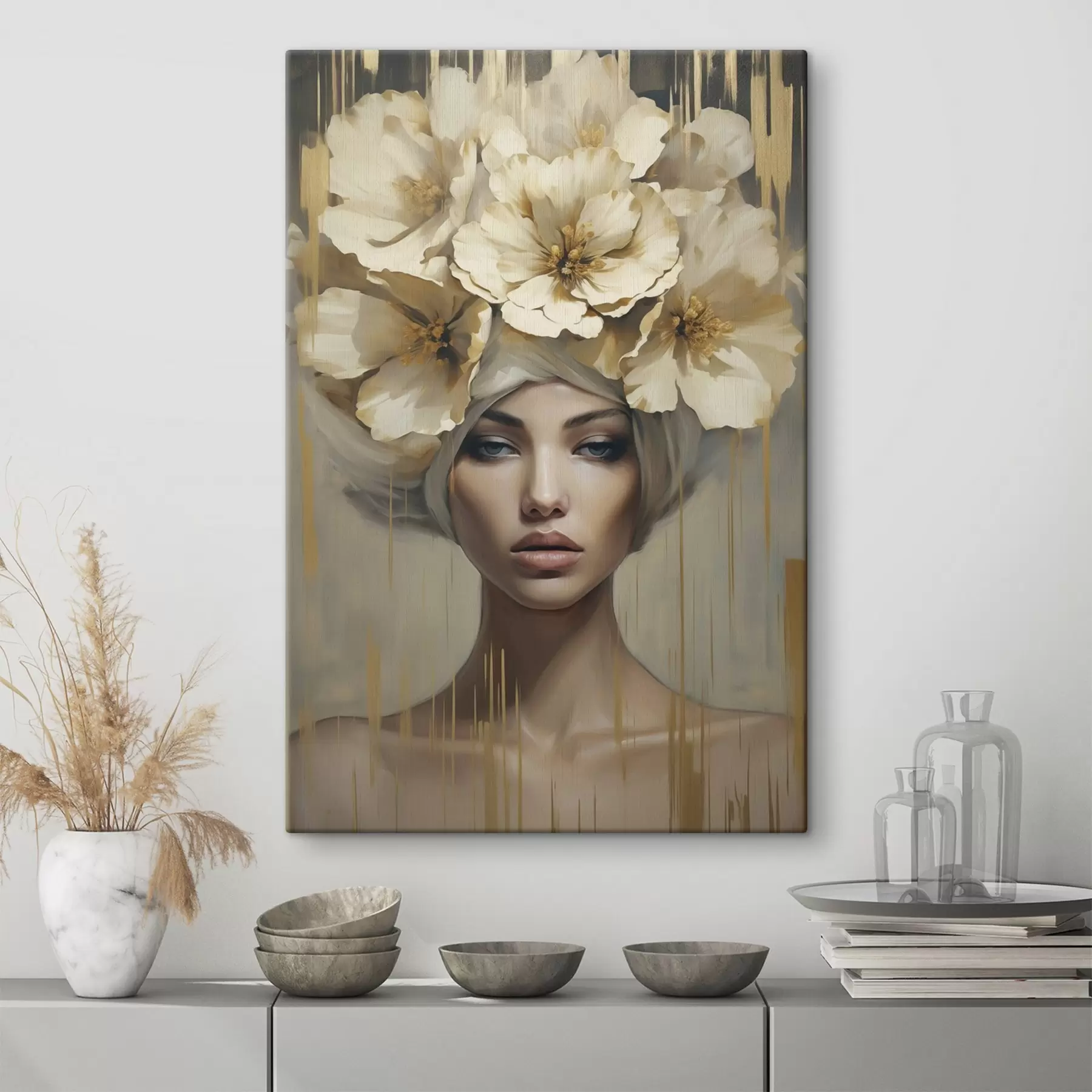 Fototapete Abstrakte Frau mit Blumen im Haar, Nachahmung eines Gemäldes s50381