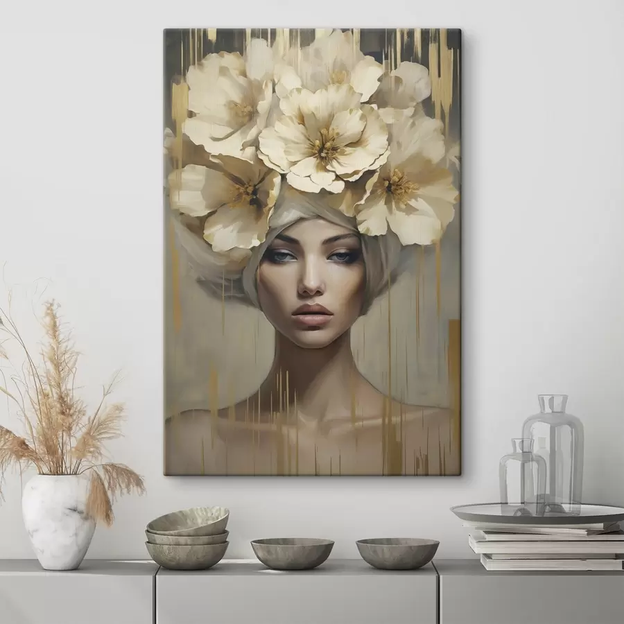 Fototapete Abstrakte Frau mit Blumen im Haar, Nachahmung eines Gemäldes s50381