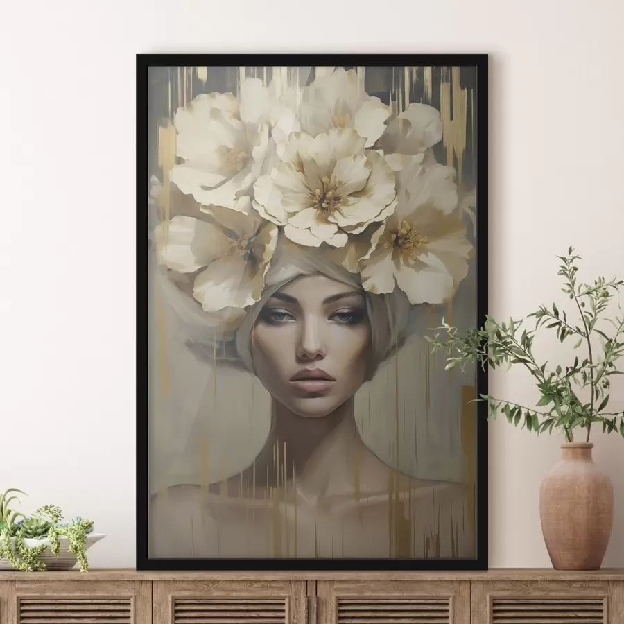 Fototapete Abstrakte Frau mit Blumen im Haar, Nachahmung eines Gemäldes f50381