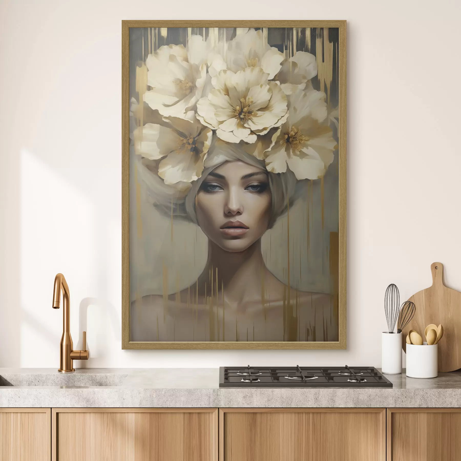 Fototapete Abstrakte Frau mit Blumen im Haar, Nachahmung eines Gemäldes f50381