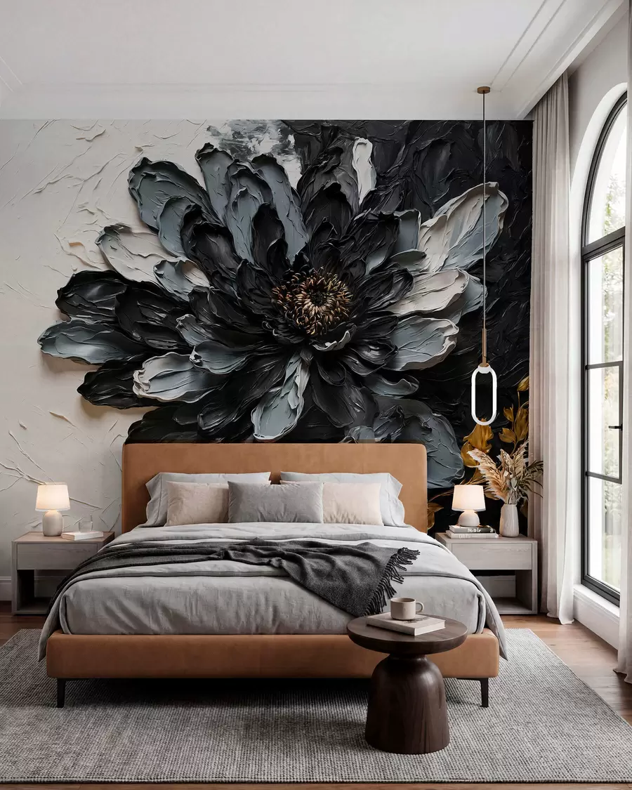 Fototapete Strukturierte schwarze und graue Blume mit dekorativen Zweigen w05883