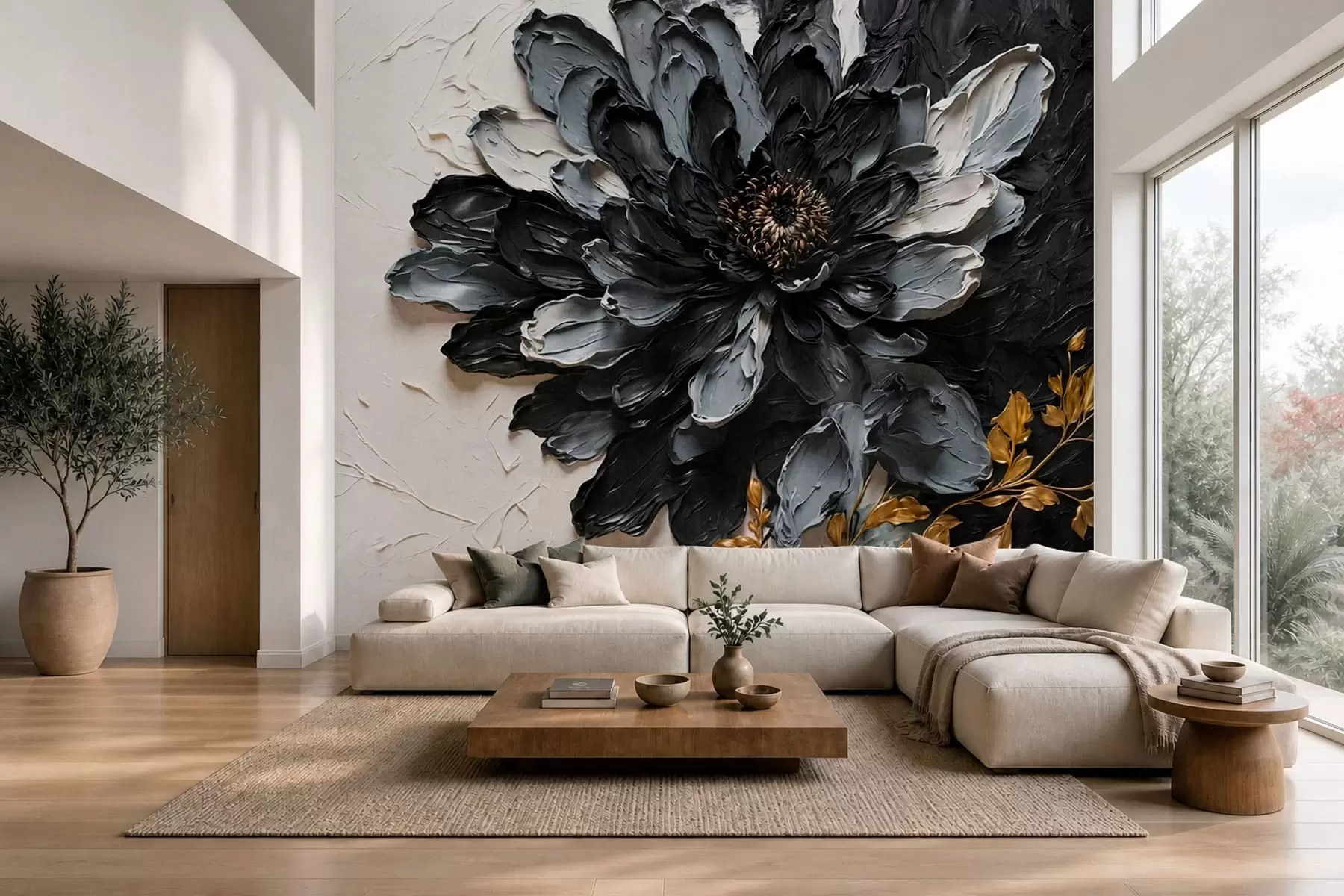 Fototapete Strukturierte schwarze und graue Blume mit dekorativen Zweigen w05883