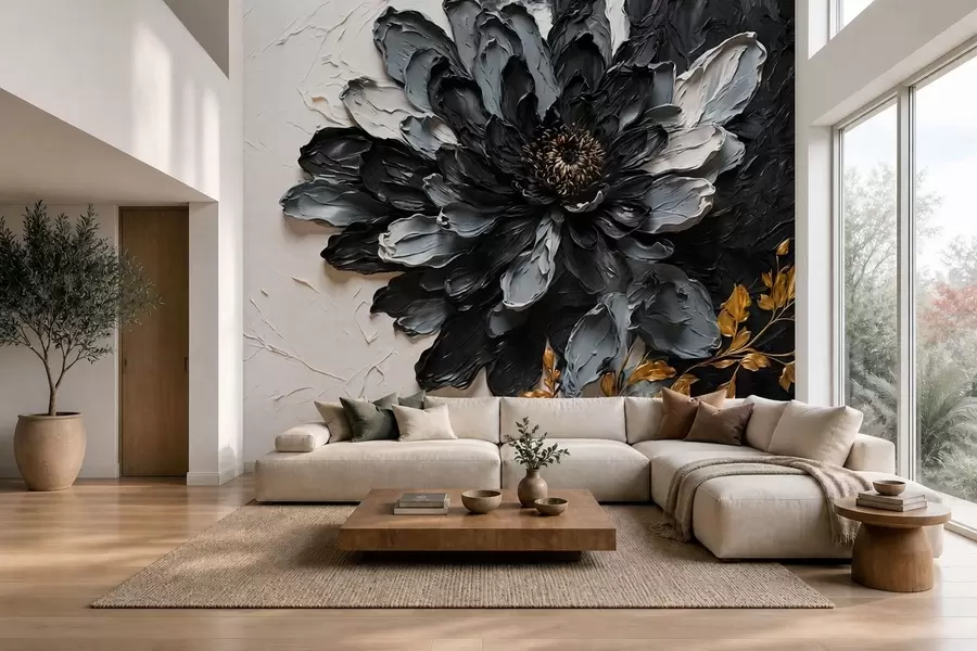 Fototapete Strukturierte schwarze und graue Blume mit dekorativen Zweigen w05883