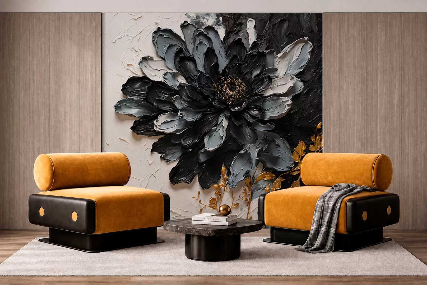 Fototapete Strukturierte schwarze und graue Blume mit dekorativen Zweigen w05883