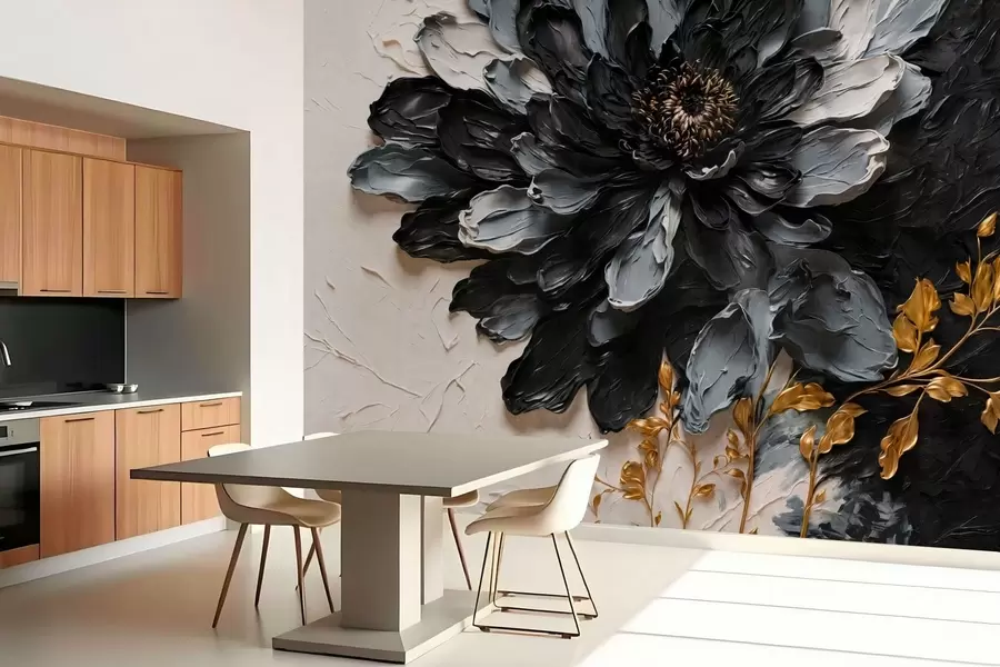 Fototapete Strukturierte schwarze und graue Blume mit dekorativen Zweigen w05883
