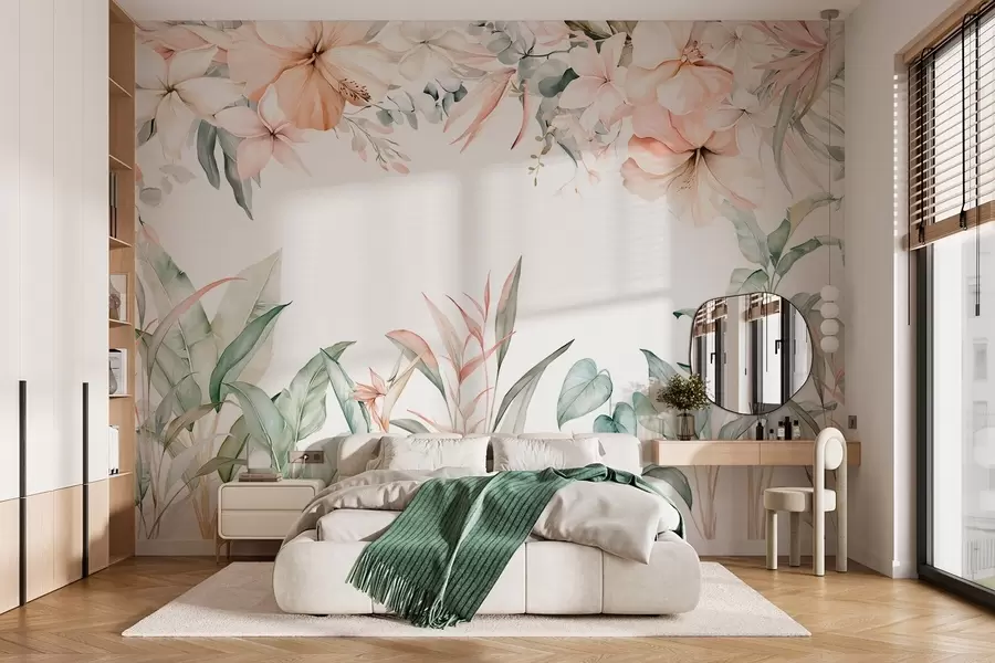 Fototapete Eine tropische Komposition aus Blumen und Pflanzen im Aquarellstil, in zarten Farbtönen w05870