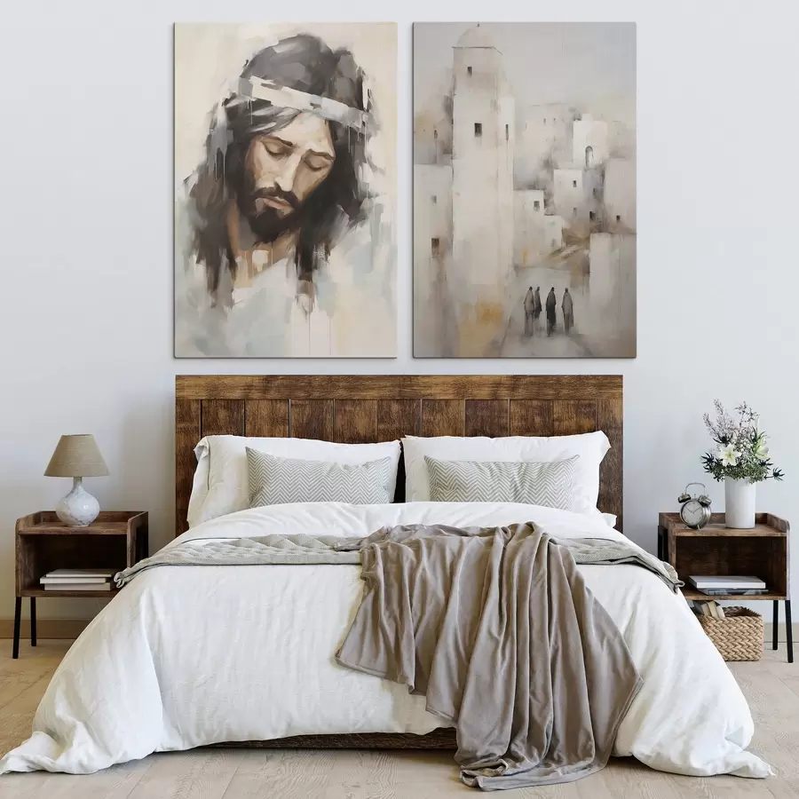 Fototapete Jesus und eine antike, abstrakte Stadt, Nachahmungsmalerei m30909