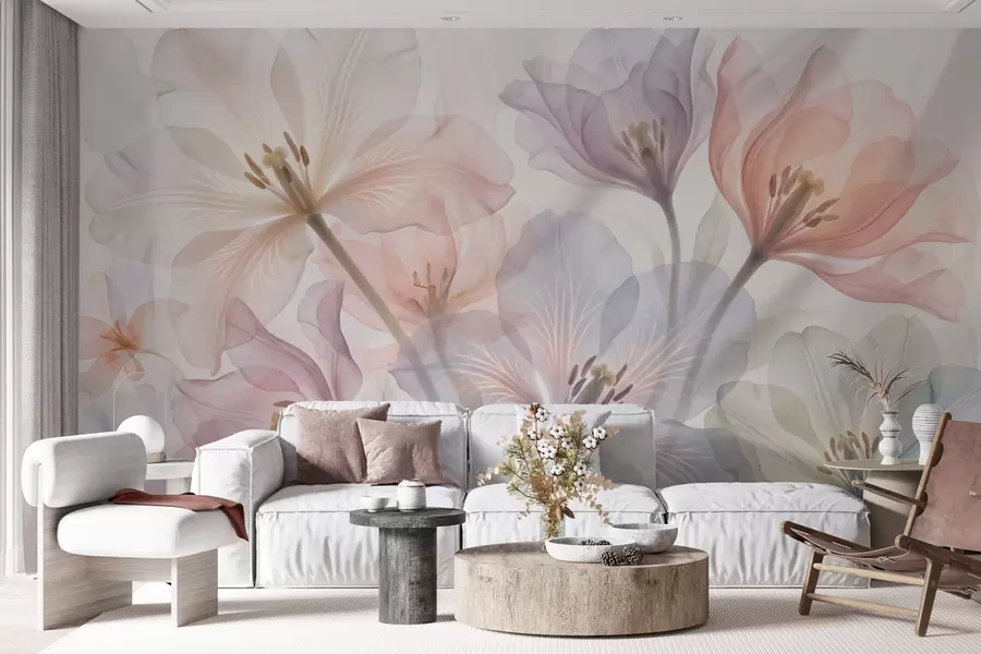 Fototapete Zarte, transparente Blumen in Pastelltönen im Aquarellstil w09999