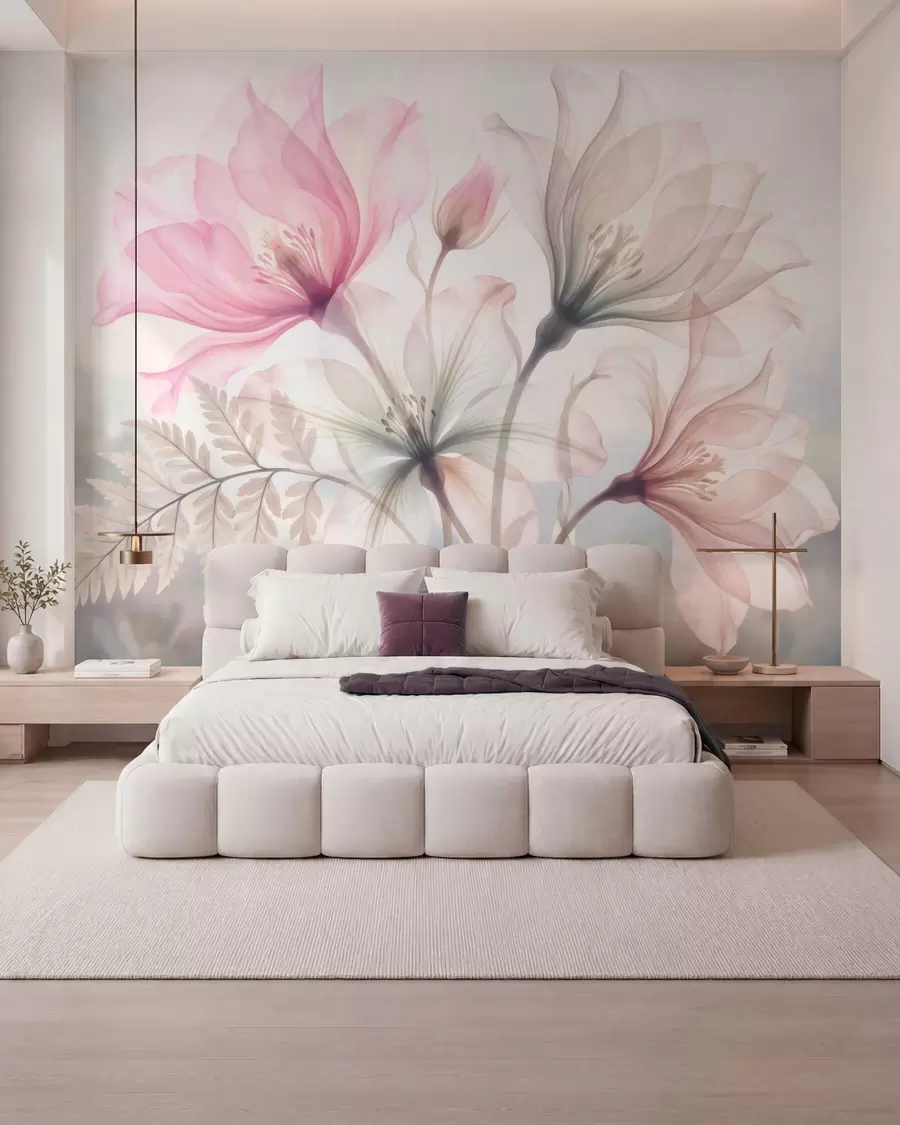 Fototapete Zarte Blumen in pastellrosa und pastellblauen Farbtönen im Aquarellstil w10009