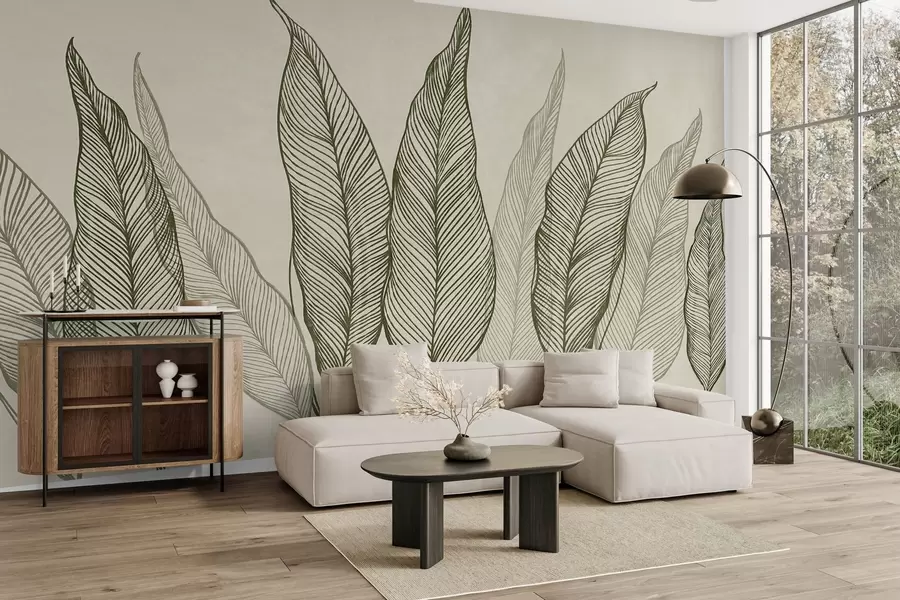 Fototapete Stilisierte grüne Blätter mit filigranen Linien auf beigem Hintergrund, strukturiertes Kunstwerk w10030