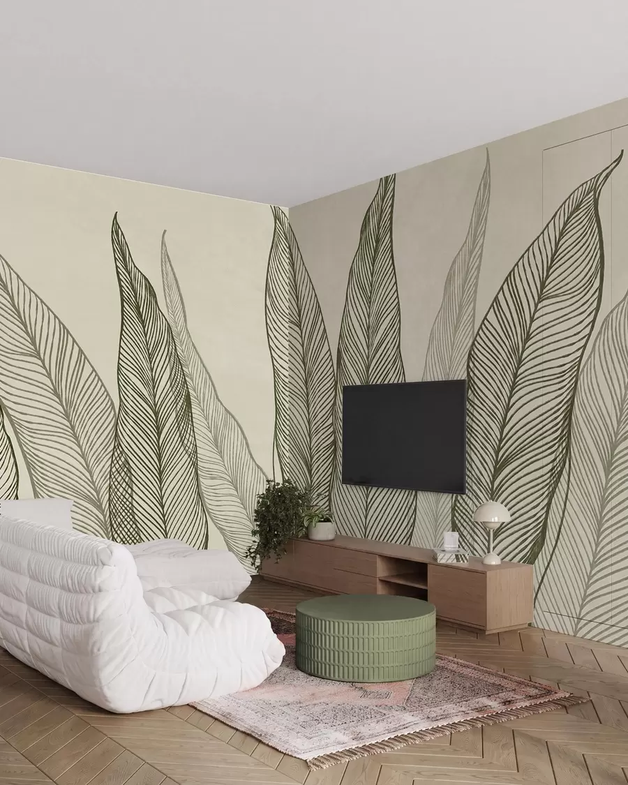 Fototapete Stilisierte grüne Blätter mit filigranen Linien auf beigem Hintergrund, strukturiertes Kunstwerk w10030