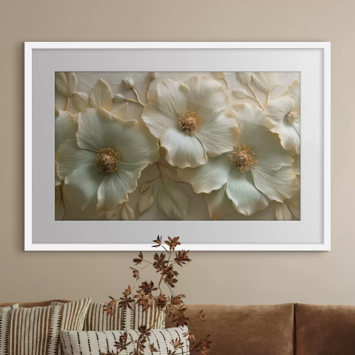 Poster Große Blüten und Blätter mit plastischem Effekt in hellen Farbtönen f50420