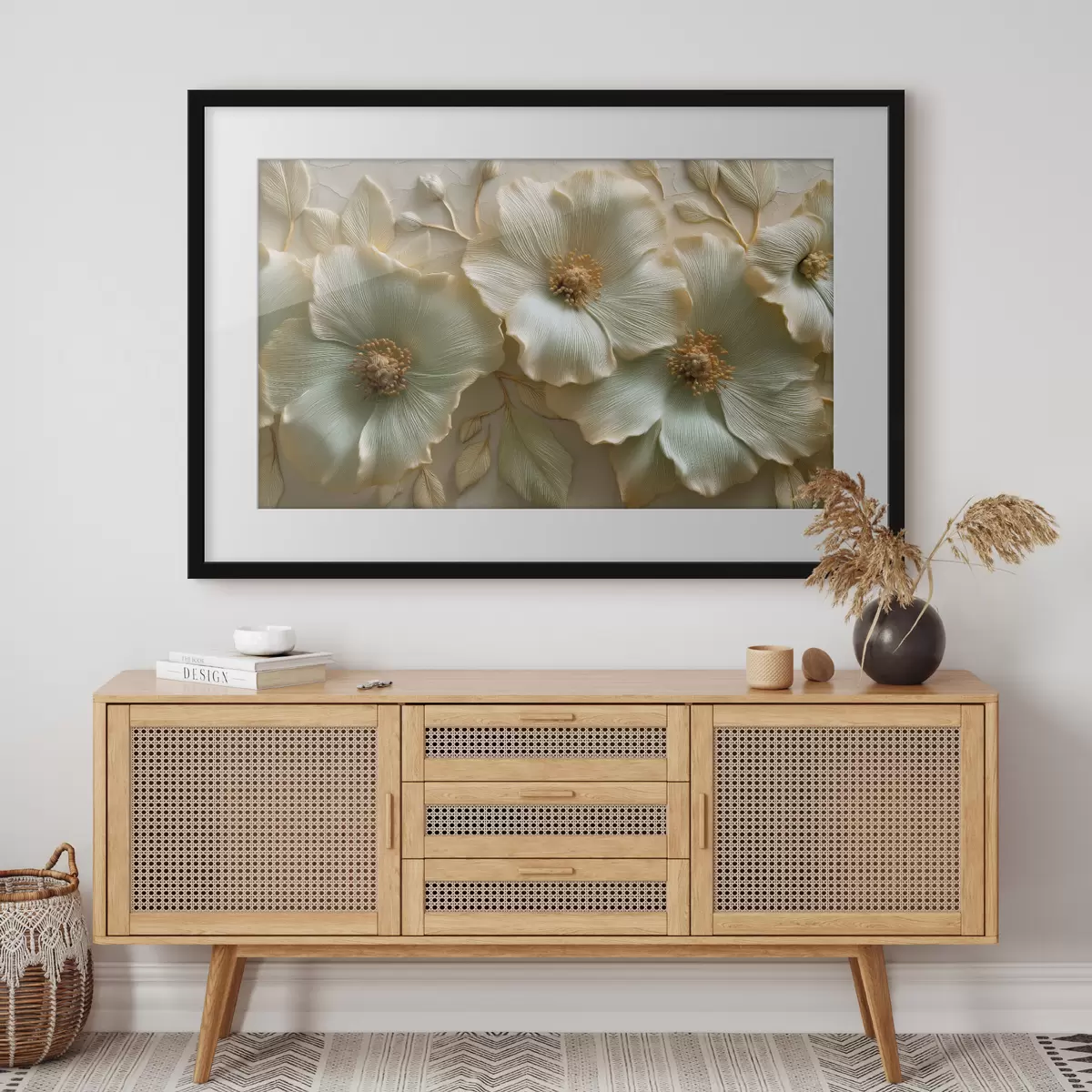 Poster Große Blüten und Blätter mit plastischem Effekt in hellen Farbtönen f50420