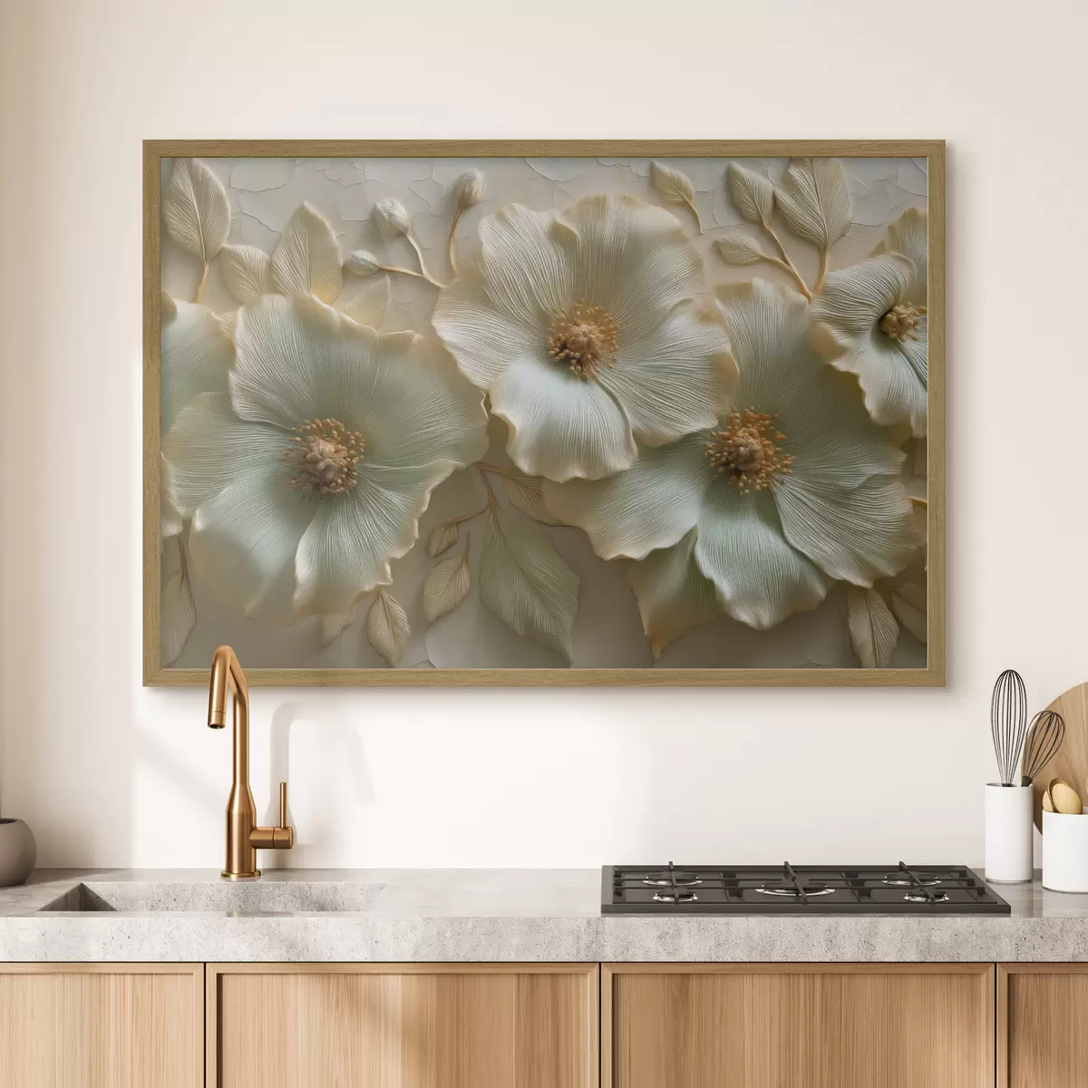 Poster Große Blüten und Blätter mit plastischem Effekt in hellen Farbtönen f50420