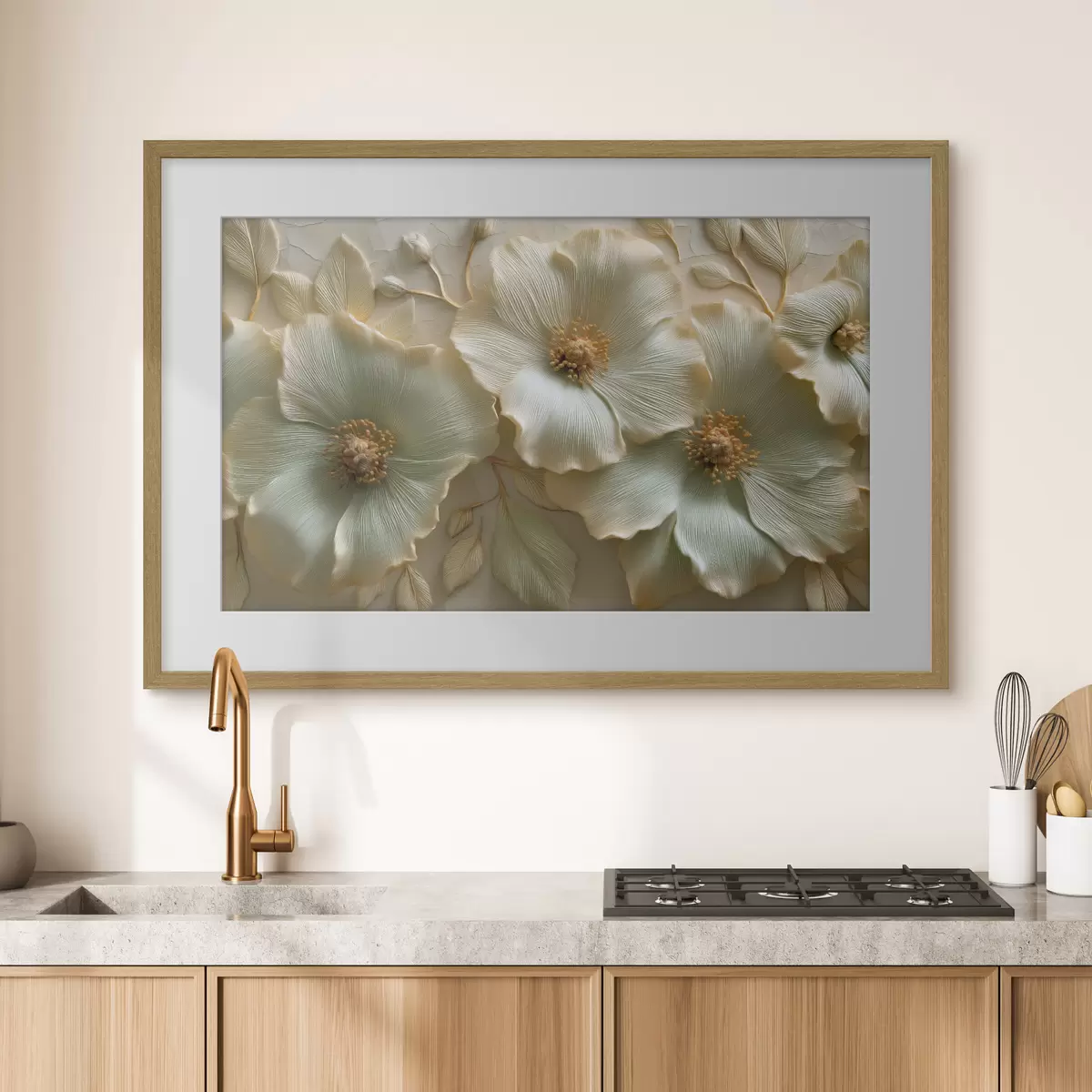 Poster Große Blüten und Blätter mit plastischem Effekt in hellen Farbtönen f50420