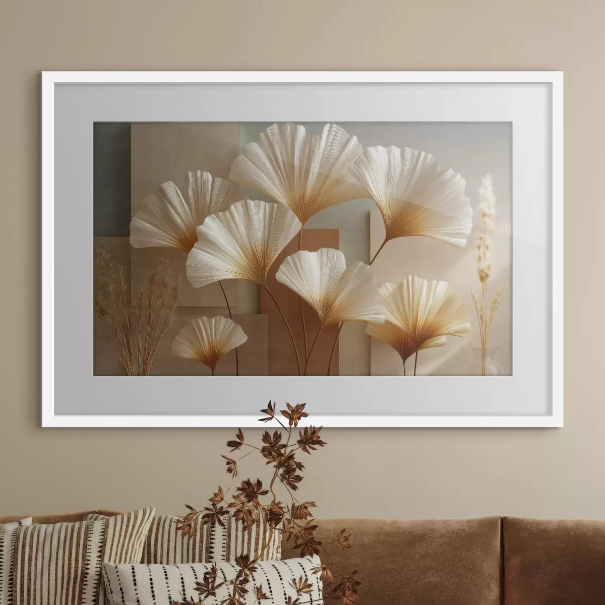 Poster Fächerförmige Blätter inmitten geometrischer Formen f50422