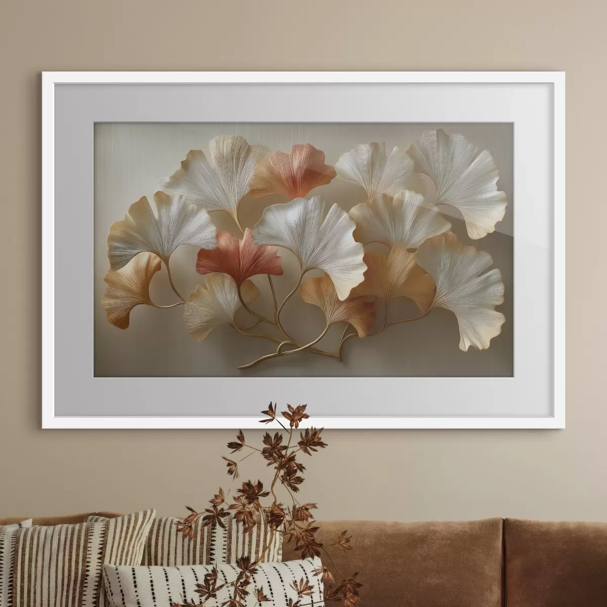 Poster Fächerförmige Blätter in Creme- und Terrakotta-Tönen f50423