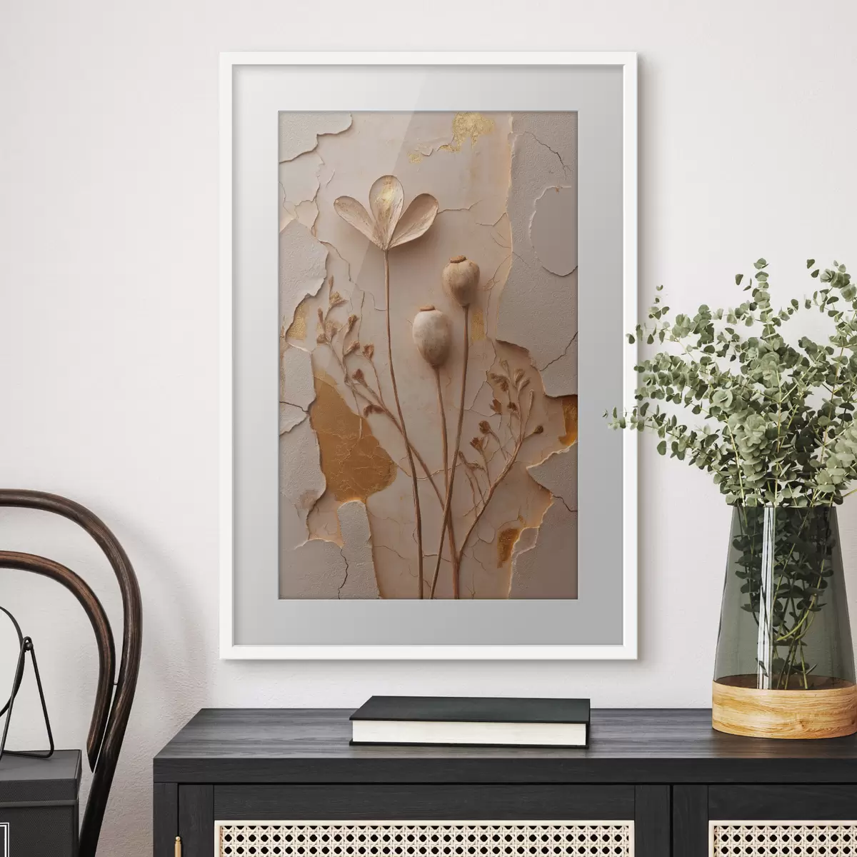 Poster Getrocknete Pflanzen vor einem Hintergrund mit Rissoptik f50426