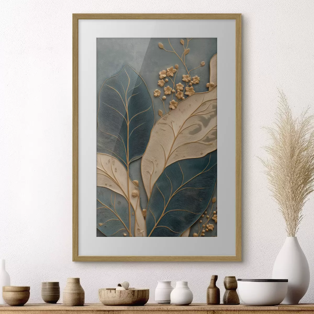 Poster Blätter und kleine Blüten mit Reliefwirkung auf dunklem Hintergrund f50427