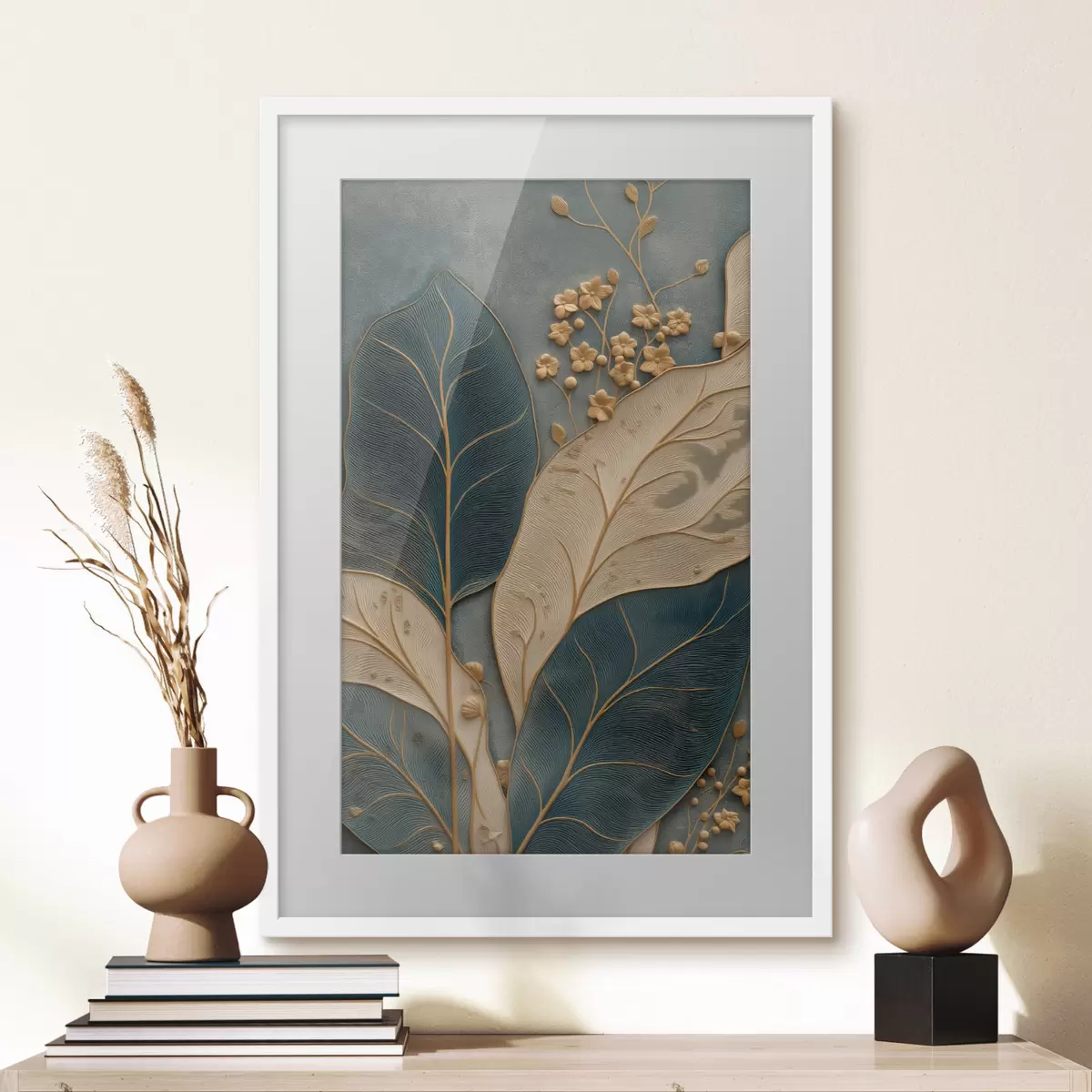 Poster Blätter und kleine Blüten mit Reliefwirkung auf dunklem Hintergrund f50427