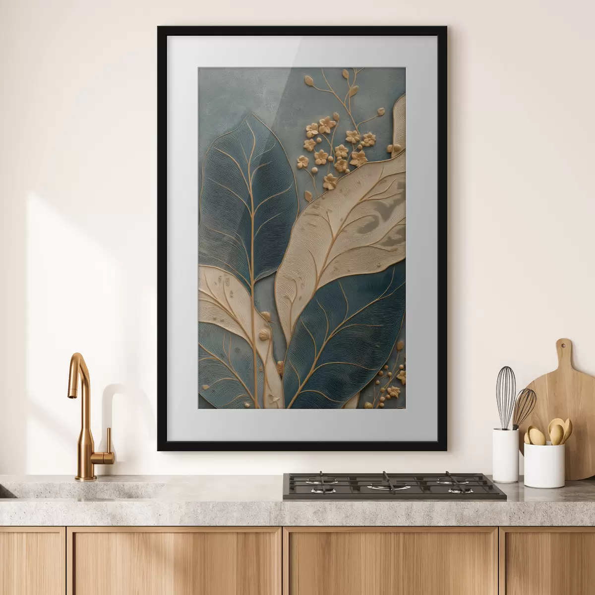 Poster Blätter und kleine Blüten mit Reliefwirkung auf dunklem Hintergrund f50427