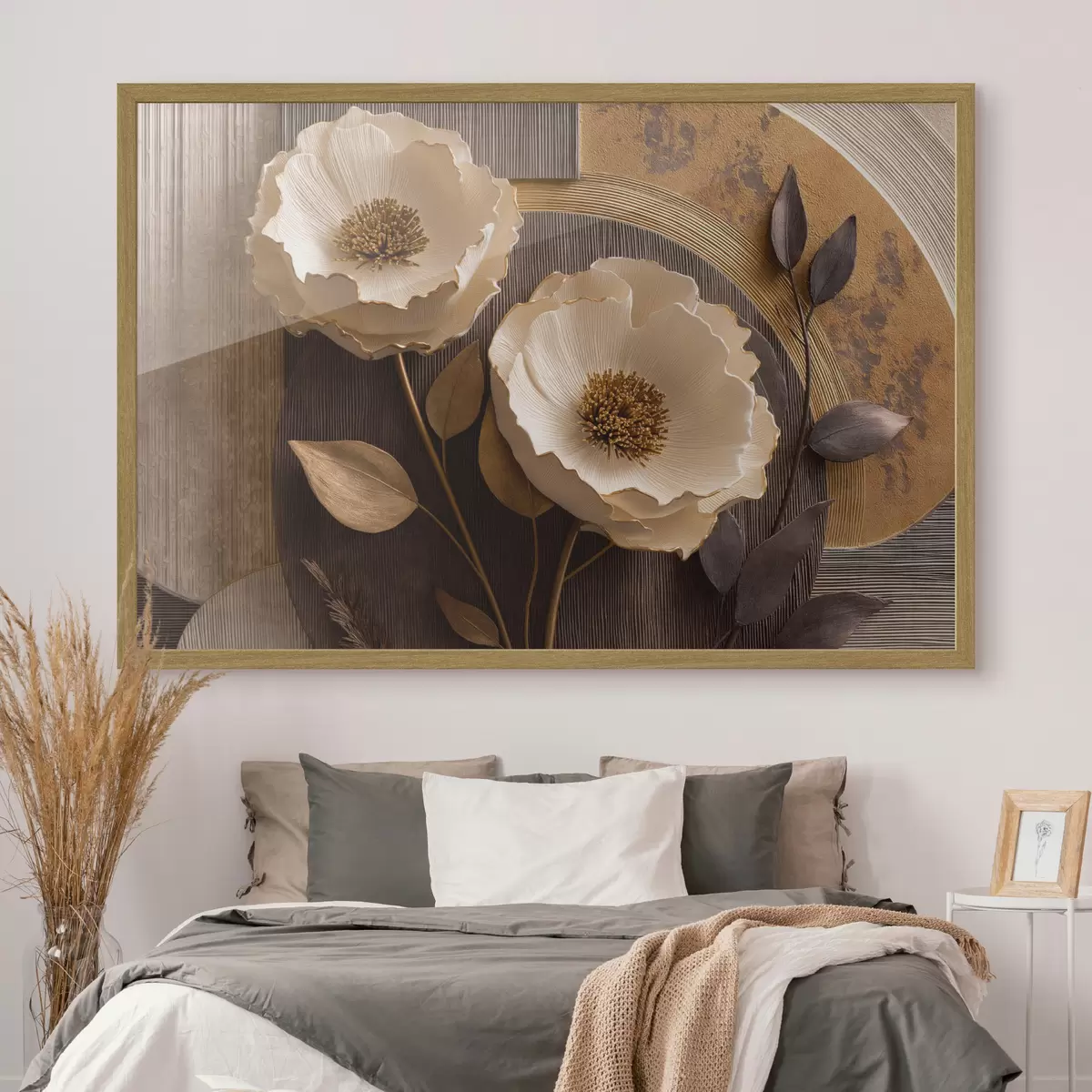 Poster Große, helle Blüten mit dunklen Blättern und Kreisen f50430