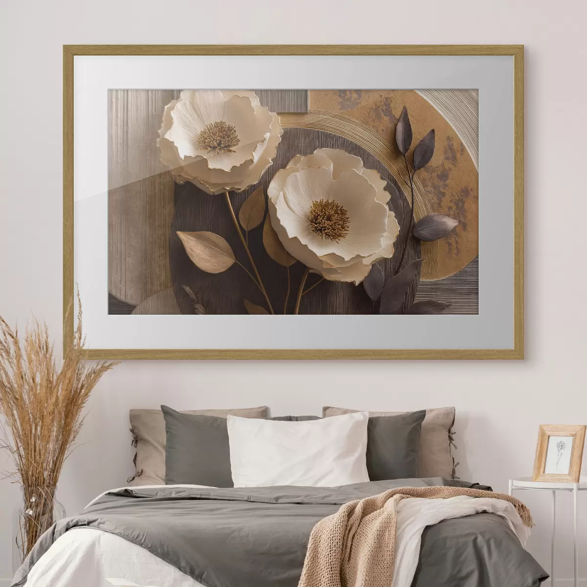 Poster Große, helle Blüten mit dunklen Blättern und Kreisen f50430