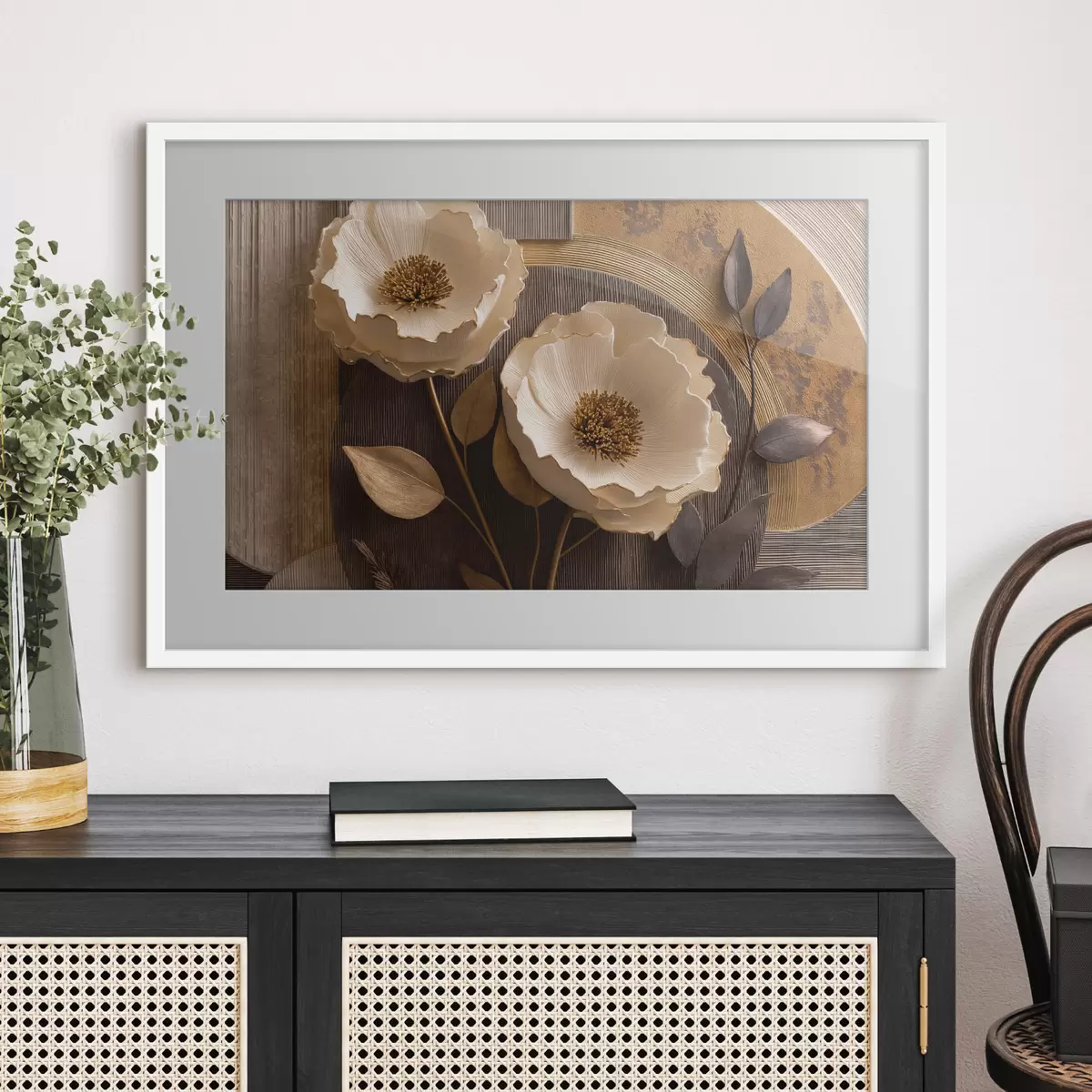Poster Große, helle Blüten mit dunklen Blättern und Kreisen f50430