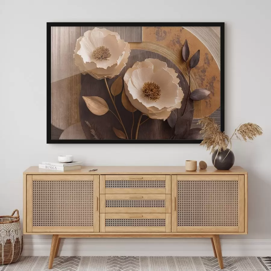 Fototapete Große, helle Blüten mit dunklen Blättern und Kreisen f50430