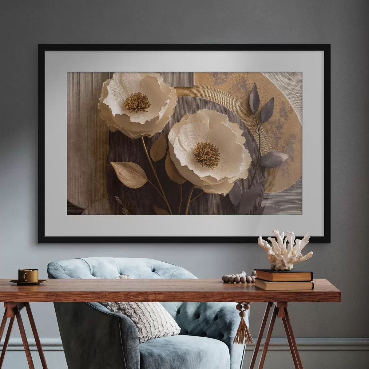Poster Große, helle Blüten mit dunklen Blättern und Kreisen f50430
