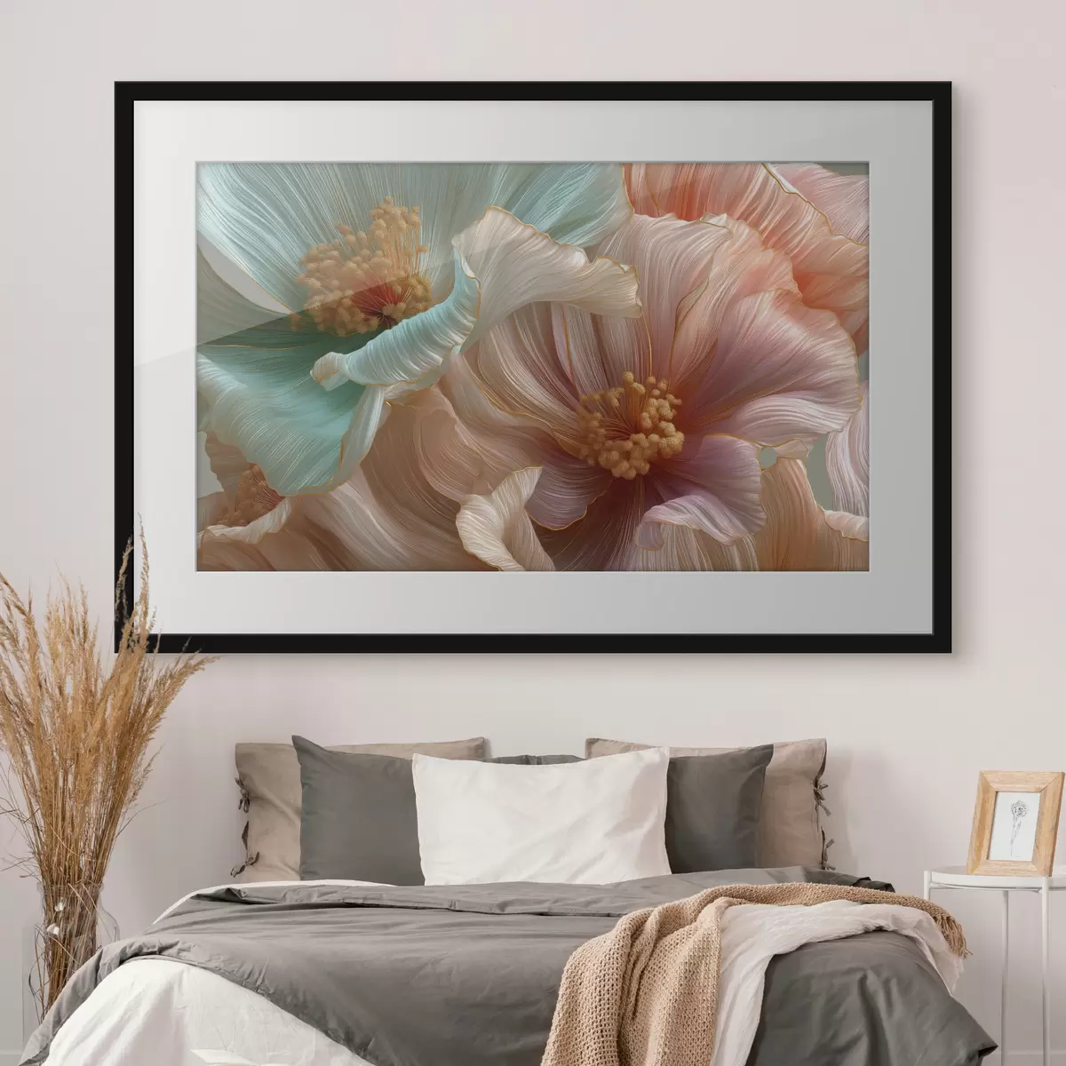 Poster Große türkisfarbene und rosa Blüten mit plastischem Effekt f50432