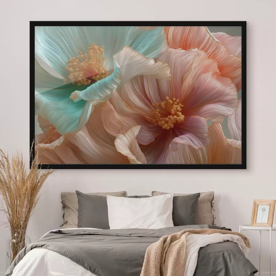 Fototapete Große türkisfarbene und rosa Blüten mit plastischem Effekt f50432