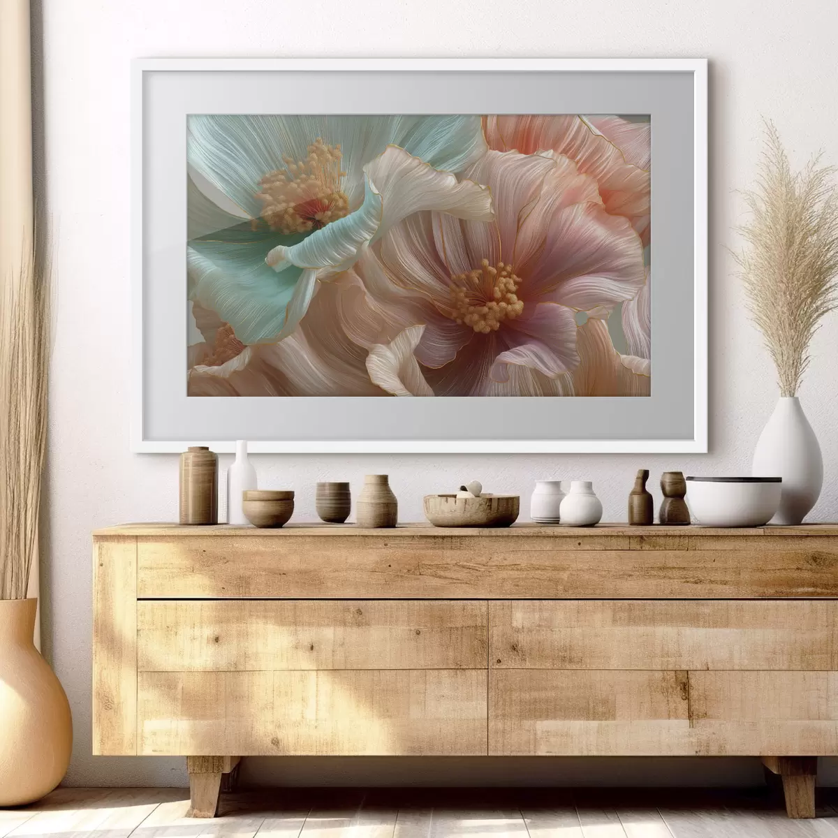 Poster Große türkisfarbene und rosa Blüten mit plastischem Effekt f50432