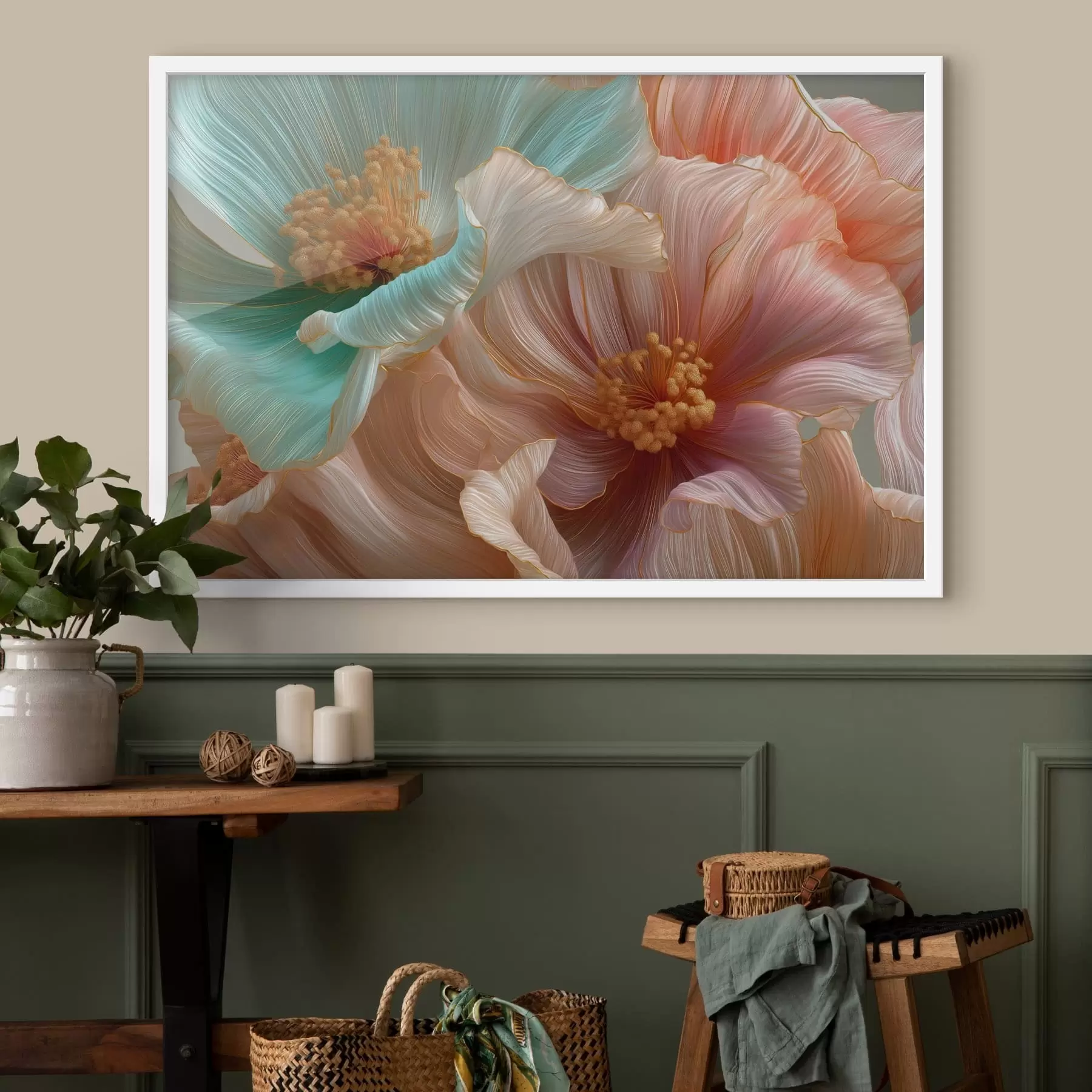 Fototapete Große türkisfarbene und rosa Blüten mit plastischem Effekt f50432