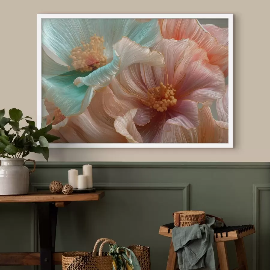 Fototapete Große türkisfarbene und rosa Blüten mit plastischem Effekt f50432
