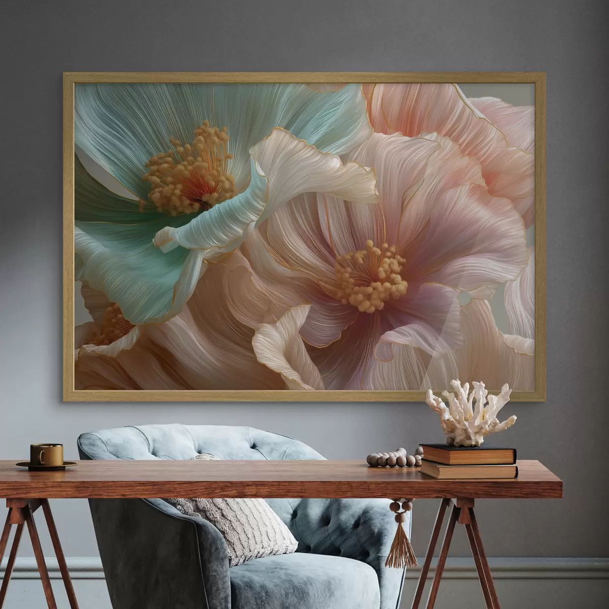 Poster Große türkisfarbene und rosa Blüten mit plastischem Effekt f50432