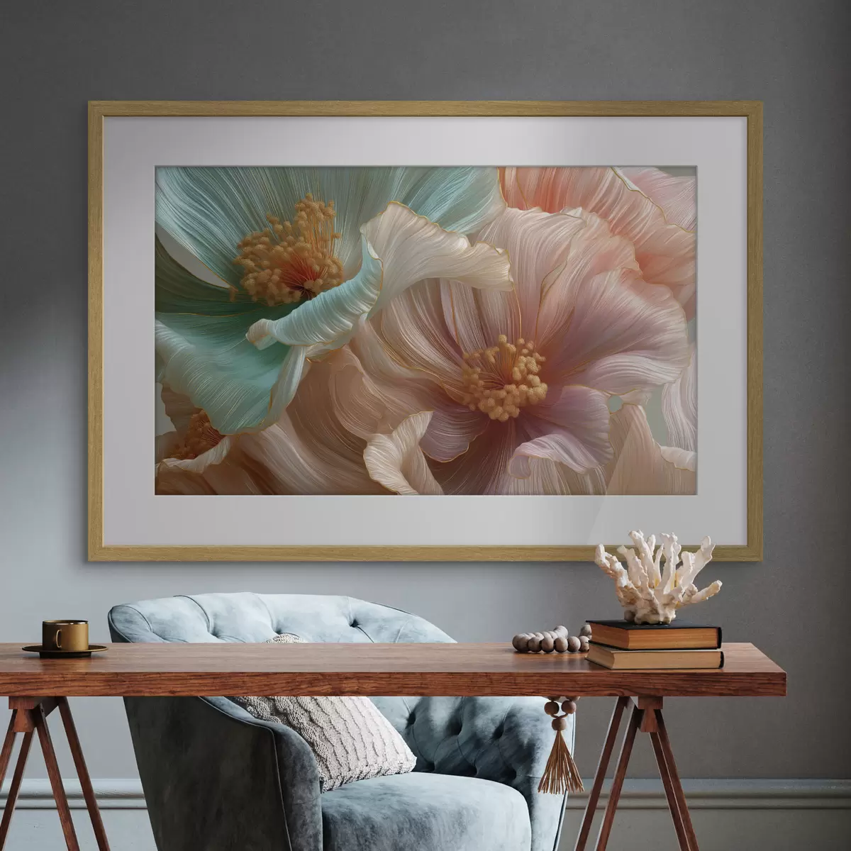Poster Große türkisfarbene und rosa Blüten mit plastischem Effekt f50432