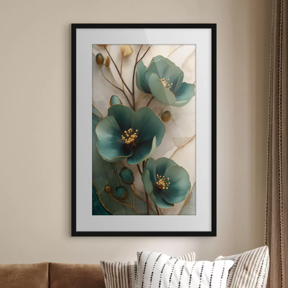 Poster Türkisfarbene Blüten mit dekorativen Staubblättern f50435