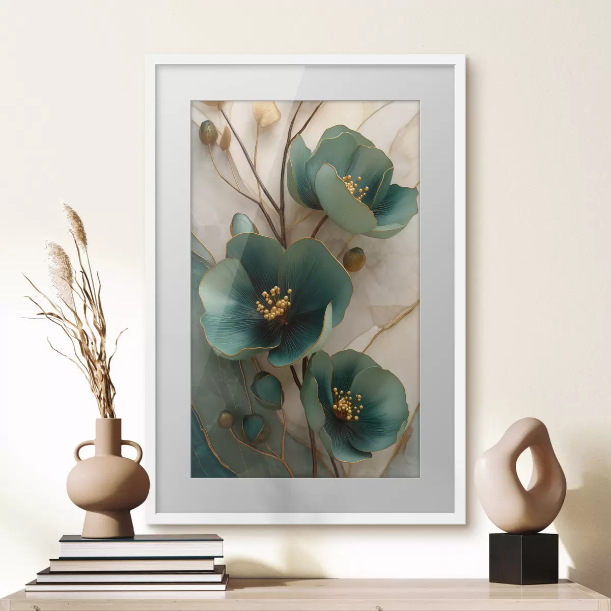 Poster Türkisfarbene Blüten mit dekorativen Staubblättern f50435