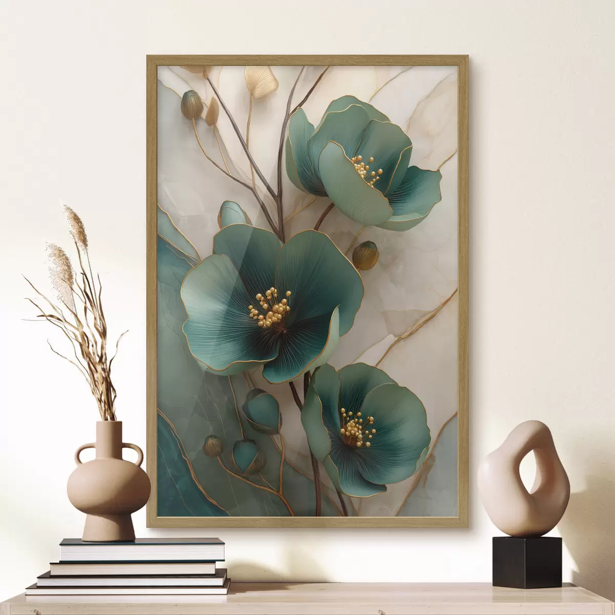 Poster Türkisfarbene Blüten mit dekorativen Staubblättern f50435