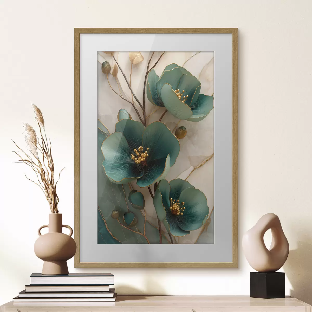 Poster Türkisfarbene Blüten mit dekorativen Staubblättern f50435