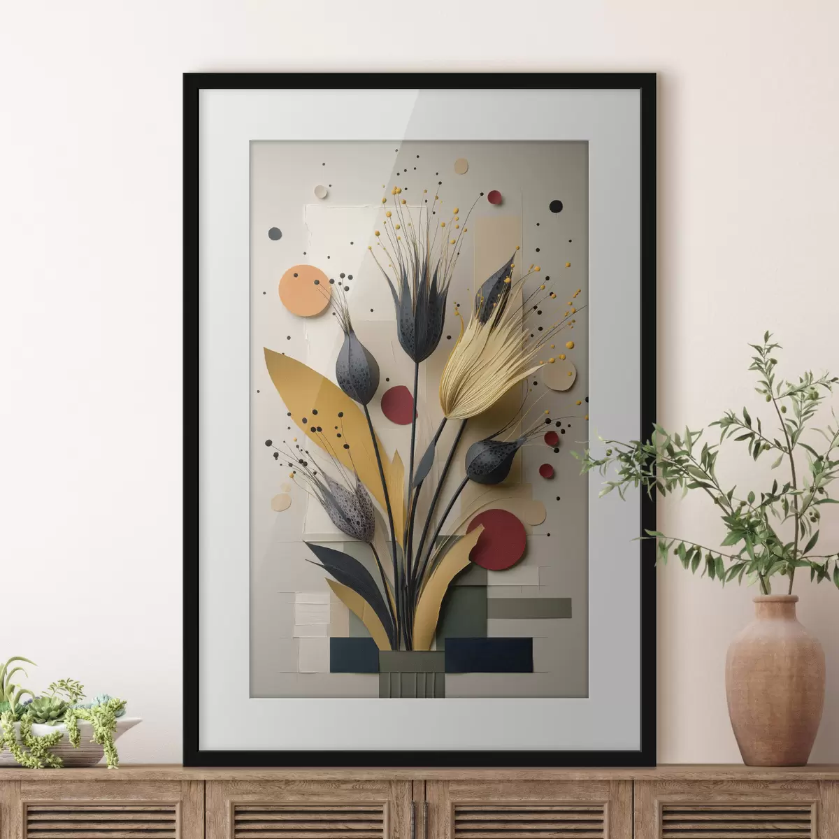 Poster Abstrakte Blumen mit dunklen Stielen und Kreisen f50437