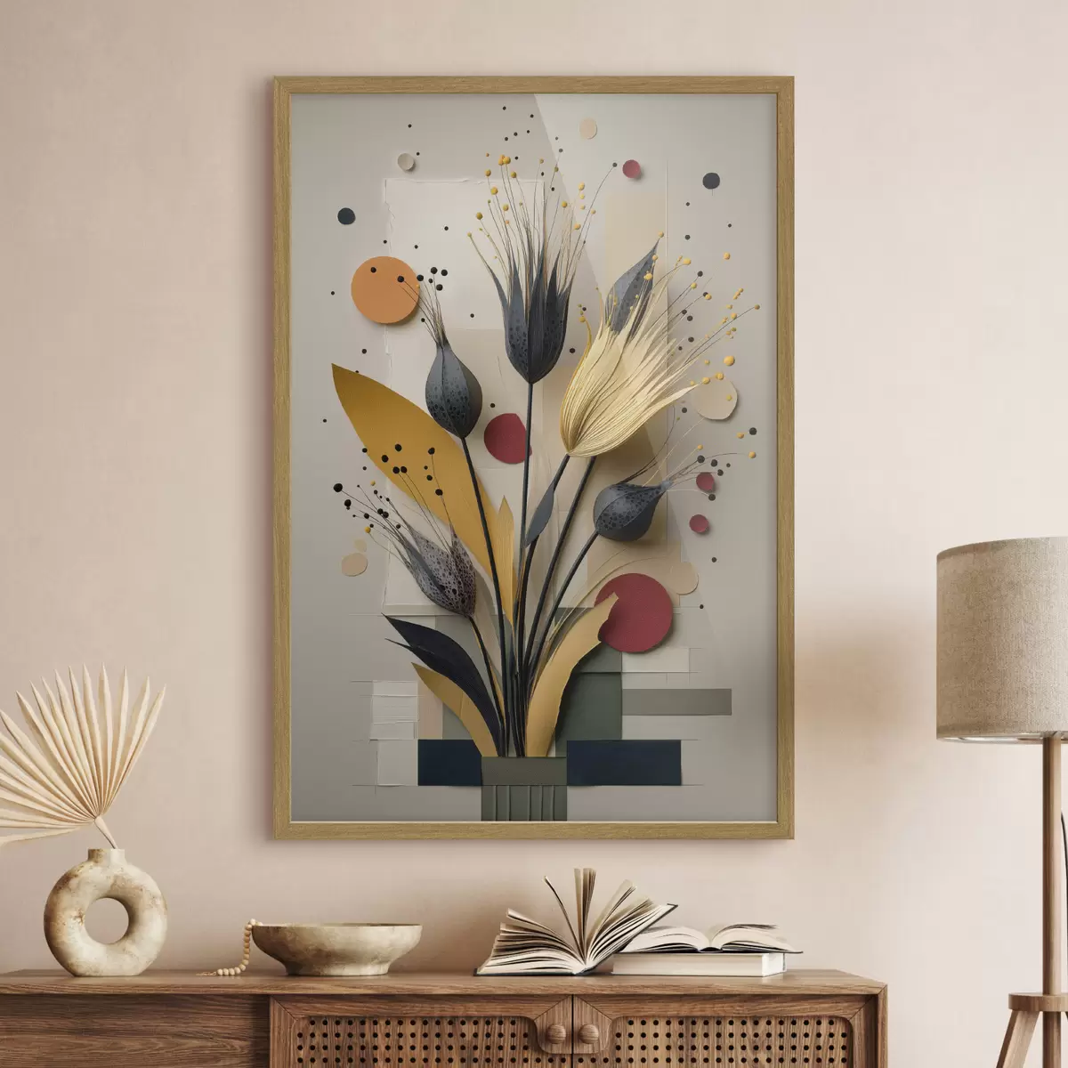 Poster Abstrakte Blumen mit dunklen Stielen und Kreisen f50437