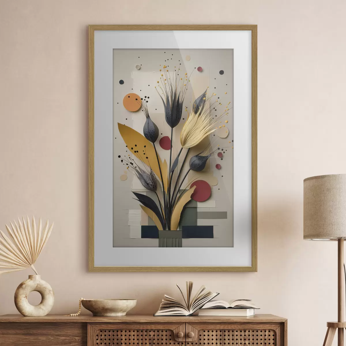 Poster Abstrakte Blumen mit dunklen Stielen und Kreisen f50437