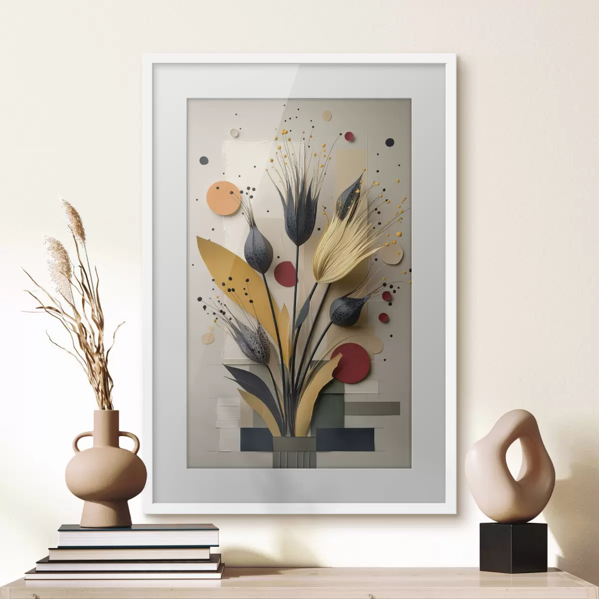 Poster Abstrakte Blumen mit dunklen Stielen und Kreisen f50437