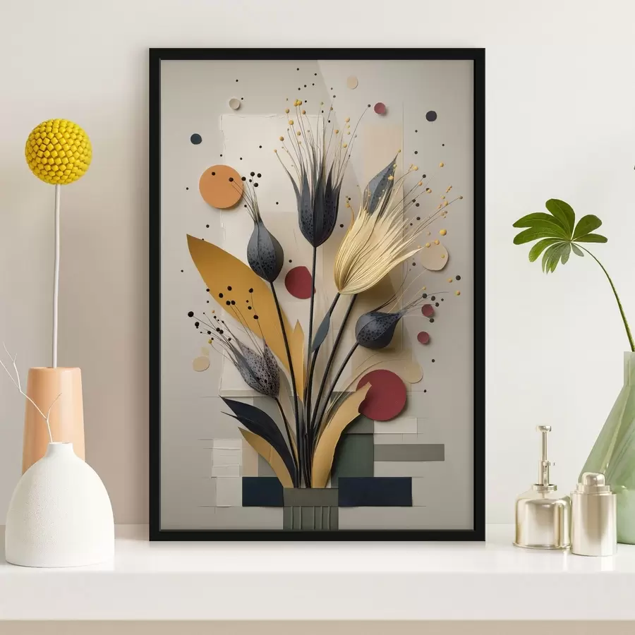 Fototapete Abstrakte Blumen mit dunklen Stielen und Kreisen f50437
