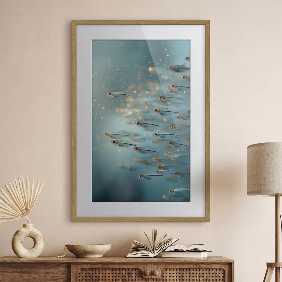 Poster Schwarm kleiner Fische in blauem Wasser mit Spiegelungen f50443