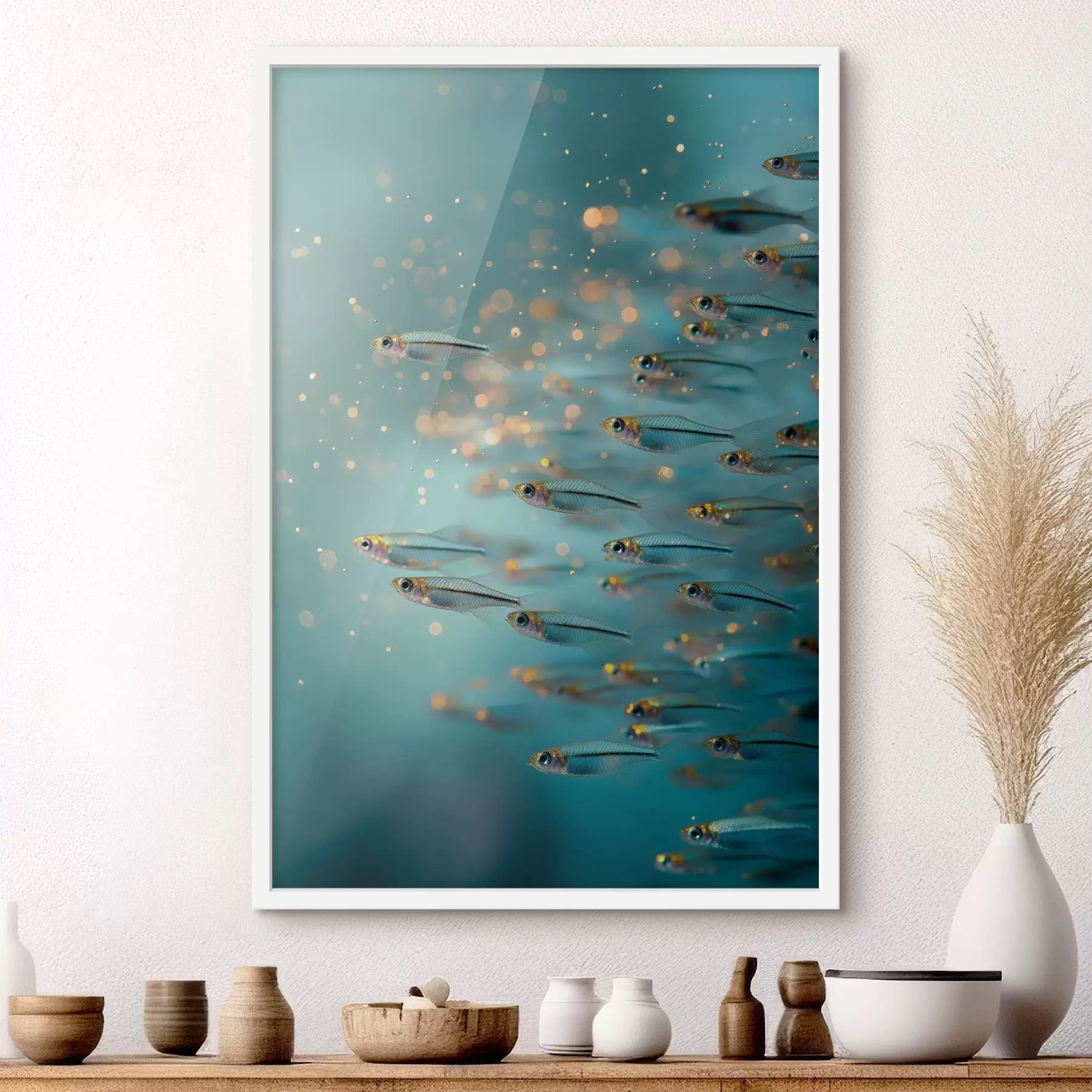 Fototapete Schwarm kleiner Fische in blauem Wasser mit Spiegelungen f50443